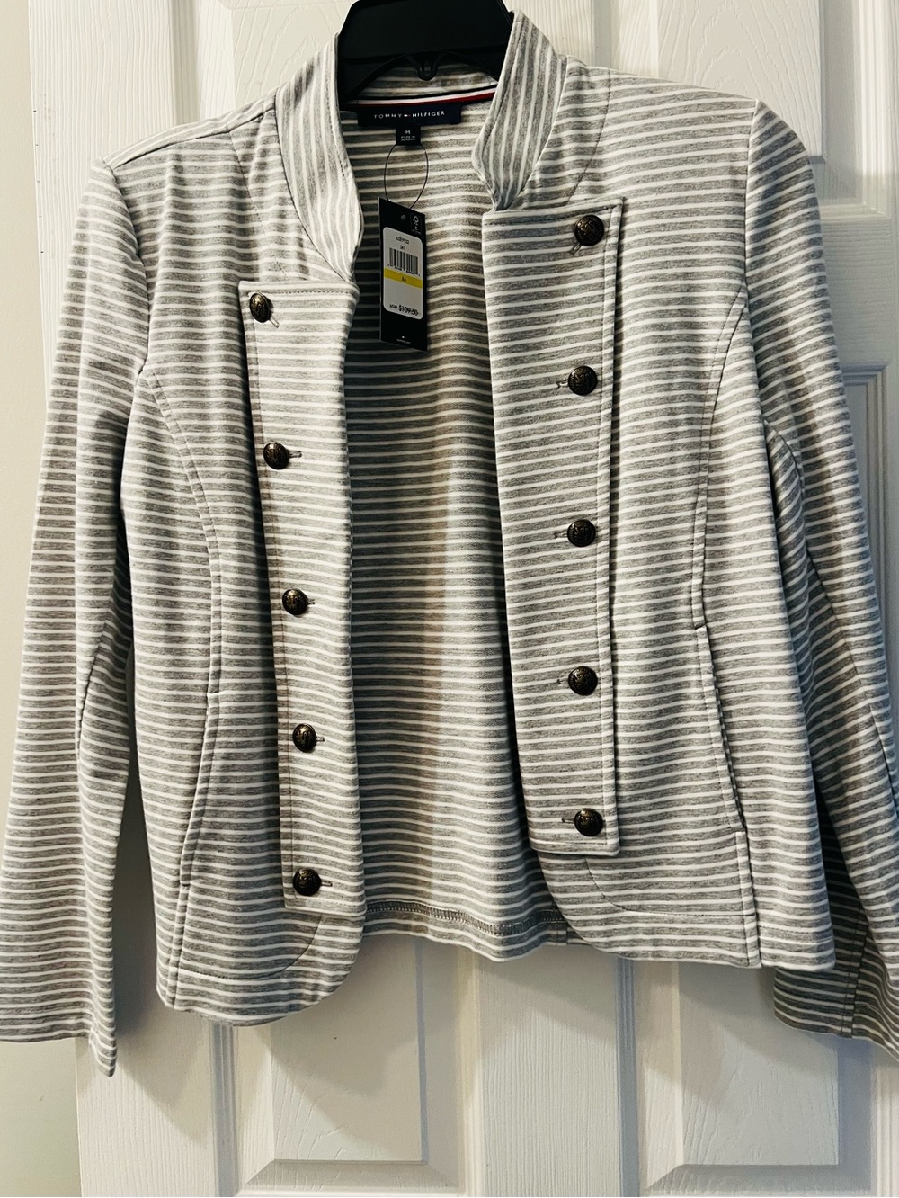 Tommy Hilfiger Gray and White Striped Military-Inspired Jacket